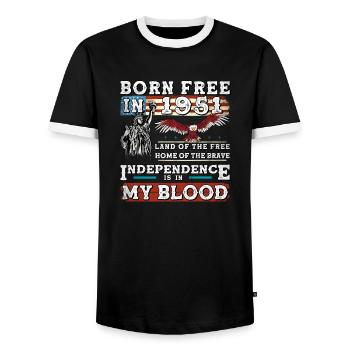 Born Free in 1951 - 74 Years of American Strength - Men's Ringer Shirt - black/white - Front - AI Model Female 172 light (172cm) & AI Model Male 178 light (178cm)