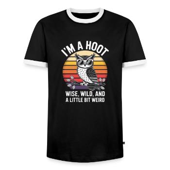 I ́M A Hoot Wise, Wild And Weird - Men's Ringer Shirt - black/white - Front - AI Model Female 172 light (172cm) & AI Model Male 178 light (178cm)