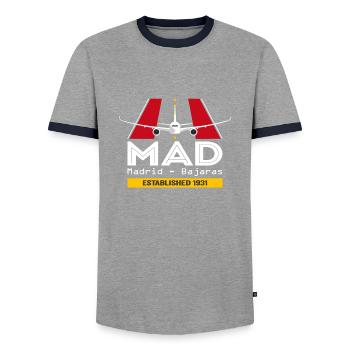 MAD Madrid Airport Spain - Plane Design - Men's Ringer Shirt - grey/navy  - Front - AI Model Female 172 light (172cm) & AI Model Male 178 light (178cm)