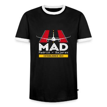 MAD Madrid Airport Espagne - Conception d’avion - T-shirt contrasté Homme - noir/blanc - Devant - AI Model Female 172 light (172cm) & AI Model Male 178 light (178cm)