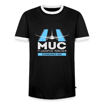 MUC Flughafen München Deutschland - Plane Design - Männer Kontrast-T-Shirt - Schwarz/Weiß - Vorne - AI Model Female 172 light (172cm) & AI Model Male 178 light (178cm)