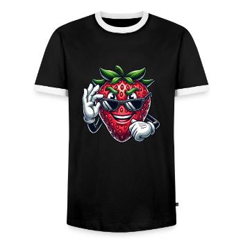 Cool Strawberry Fruit Comic with Sunglasses - Men's Ringer Shirt - black/white - Front - AI Model Female 172 light (172cm) & AI Model Male 178 light (178cm)