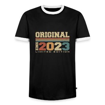 Original 2023 Retro 1st Anniversary Gift 2023 - Men's Ringer Shirt - black/white - Front - AI Model Female 172 light (172cm) & AI Model Male 178 light (178cm)