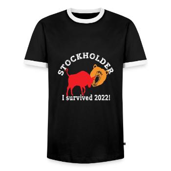Stockholder I survived 2022 - Shareholder after crash - Men's Ringer Shirt - black/white - Front - AI Model Female 172 light (172cm) & AI Model Male 178 light (178cm)