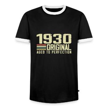 Born in 1930 - Vintage 1930's - 94th Retro Birthday - Men's Ringer Shirt - black/white - Front - AI Model Female 172 light (172cm) & AI Model Male 178 light (178cm)
