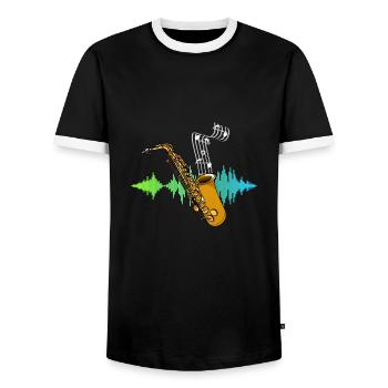 Note de musique Saxophoniste Cadeau Soundwave Saxophone - T-shirt contrasté Homme - noir/blanc - Devant - AI Model Female 172 light (172cm) & AI Model Male 178 light (178cm)