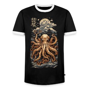 Ukiyo-E Oktopus Japanisches Meer und Fischer - Männer Kontrast-T-Shirt - Schwarz/Weiß - Vorne - AI Model Female 172 light (172cm) & AI Model Male 178 light (178cm)