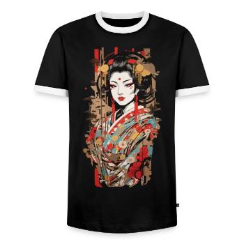 Japan Geisha Popart Retro Aesthetic - Men's Ringer Shirt - black/white - Front - AI Model Female 172 light (172cm) & AI Model Male 178 light (178cm)