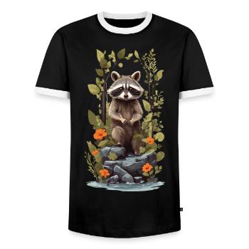 Cute Raccoon Goblincore Nature Illustration - Men's Ringer Shirt - black/white - Front - AI Model Female 172 light (172cm) & AI Model Male 178 light (178cm)