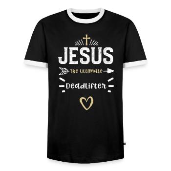 Jesus The Ultimate Deadlifter - Men's Ringer Shirt - black/white - Front - AI Model Female 172 light (172cm) & AI Model Male 178 light (178cm)
