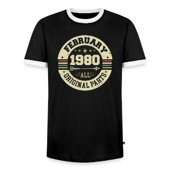 February 1980's Vintage Birthday Gift 1980's - Men's Ringer Shirt - black/white - Front - AI Model Female 172 light (172cm) & AI Model Male 178 light (178cm)