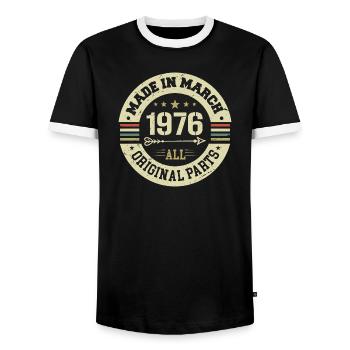 Legendary since March 1976 - Men's Ringer Shirt - black/white - Front - AI Model Female 172 light (172cm) & AI Model Male 178 light (178cm)