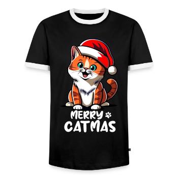 Cute kitten wishes Merry Christmas - Men's Ringer Shirt - black/white - Front - AI Model Female 172 light (172cm) & AI Model Male 178 light (178cm)