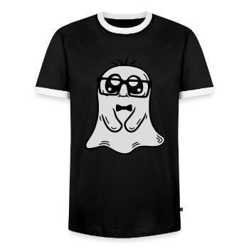 Little Nerd Ghost Comic - Men's Ringer Shirt - black/white - Front - AI Model Female 172 light (172cm) & AI Model Male 178 light (178cm)