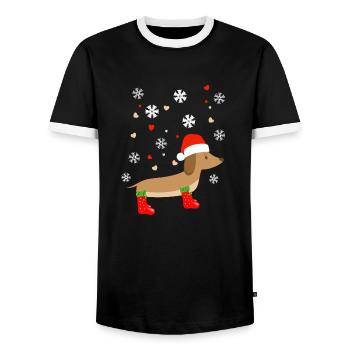 Lustiger Dackel im Winter mit Wiehnachtsmütze - Männer Kontrast-T-Shirt - Schwarz/Weiß - Vorne - AI Model Female 172 light (172cm) & AI Model Male 178 light (178cm)
