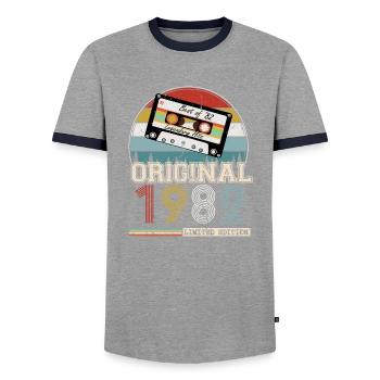 Vintage 1982 42 Year Anniversary Gift - Men's Ringer Shirt - grey/navy  - Front - AI Model Female 172 light (172cm) & AI Model Male 178 light (178cm)