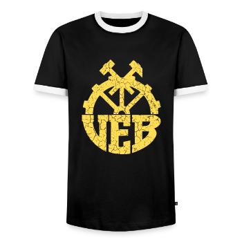 VEB - DDR Volks Own company - Retro - Men's Ringer Shirt - black/white - Front - AI Model Female 172 light (172cm) & AI Model Male 178 light (178cm)