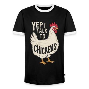 Drôle Oui, je parle aux poulets - T-shirt contrasté Homme - noir/blanc - Devant - AI Model Female 172 light (172cm) & AI Model Male 178 light (178cm)
