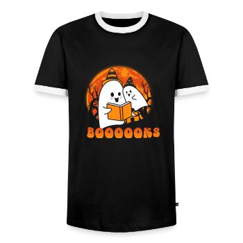 Halloween Bookish Teacher Student Ghost Boooooks - Men's Ringer Shirt - black/white - Front - AI Model Female 172 light (172cm) & AI Model Male 178 light (178cm)