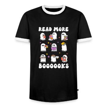 Halloween Bookish Ghost Read More Booooks - Men's Ringer Shirt - black/white - Front - AI Model Female 172 light (172cm) & AI Model Male 178 light (178cm)