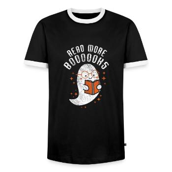 Halloween Bookworm Ghost Read More Booooks - Men's Ringer Shirt - black/white - Front - AI Model Female 172 light (172cm) & AI Model Male 178 light (178cm)