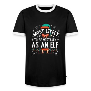Christmas Most Likely To Be Mistaken As An Elf - Men's Ringer Shirt - black/white - Front - AI Model Female 172 light (172cm) & AI Model Male 178 light (178cm)