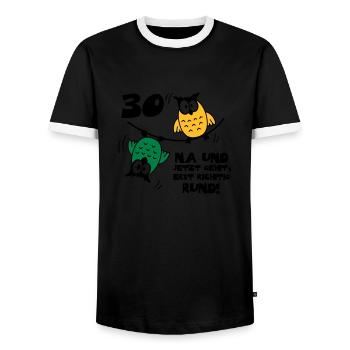 30 birthday, owls on the rope, round - Men's Ringer Shirt - black/white - Front - AI Model Female 172 light (172cm) & AI Model Male 178 light (178cm)