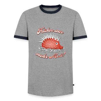Früher war mehr Mett! - Männer Kontrast-T-Shirt - Grau/Navy  - Vorne - AI Model Female 172 light (172cm) & AI Model Male 178 light (178cm)
