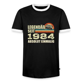 Legendary since 1984 - absolutely unique - Men's Ringer Shirt - black/white - Front - AI Model Female 172 light (172cm) & AI Model Male 178 light (178cm)