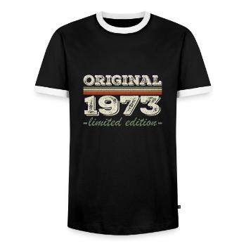 Legend since 1973 Born 1973 Birthday 1973 - Men's Ringer Shirt - black/white - Front - AI Model Female 172 light (172cm) & AI Model Male 178 light (178cm)