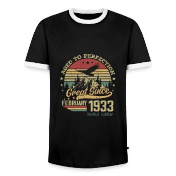 91 years old Aged to Perfection born February 1933 - Men's Ringer Shirt - black/white - Front - AI Model Female 172 light (172cm) & AI Model Male 178 light (178cm)
