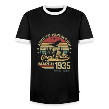 89 years old Aged to Perfection born in March 1935 - Men's Ringer Shirt - black/white - Front - AI Model Female 172 light (172cm) & AI Model Male 178 light (178cm)