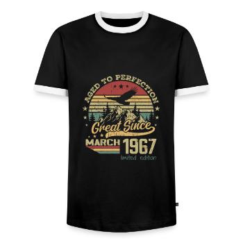 57 years old Aged to Perfection born in March 1967 - Men's Ringer Shirt - black/white - Front - AI Model Female 172 light (172cm) & AI Model Male 178 light (178cm)