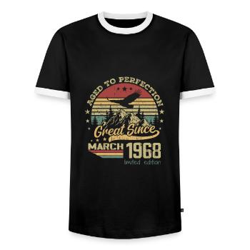 56 years old Aged to Perfection born in March 1968 - Men's Ringer Shirt - black/white - Front - AI Model Female 172 light (172cm) & AI Model Male 178 light (178cm)