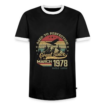 46 years old Aged to Perfection born in March 1978 - Men's Ringer Shirt - black/white - Front - AI Model Female 172 light (172cm) & AI Model Male 178 light (178cm)