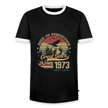 51 years old Aged to perfection born in June 1973 - Men's Ringer Shirt - black/white - Front - AI Model Female 172 light (172cm) & AI Model Male 178 light (178cm)