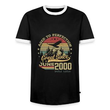 24 years old Aged to Perfection born in June 2000 - Men's Ringer Shirt - black/white - Front - AI Model Female 172 light (172cm) & AI Model Male 178 light (178cm)