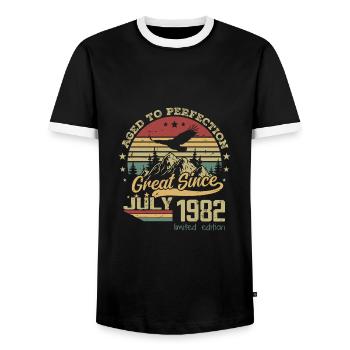 42 years old Aged to perfection born in July 1982 - Men's Ringer Shirt - black/white - Front - AI Model Female 172 light (172cm) & AI Model Male 178 light (178cm)