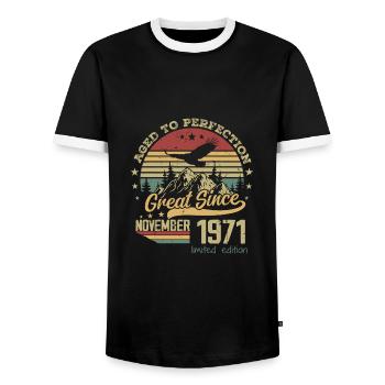 53 years old Aged to Perfection born: November 1971 - Men's Ringer Shirt - black/white - Front - AI Model Female 172 light (172cm) & AI Model Male 178 light (178cm)
