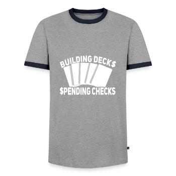 Trading Card Game - Men's Ringer Shirt - grey/navy  - Front - AI Model Female 172 light (172cm) & AI Model Male 178 light (178cm)