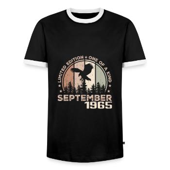 Incomparable since September 1965 59 Anniversary - Men's Ringer Shirt - black/white - Front - AI Model Female 172 light (172cm) & AI Model Male 178 light (178cm)