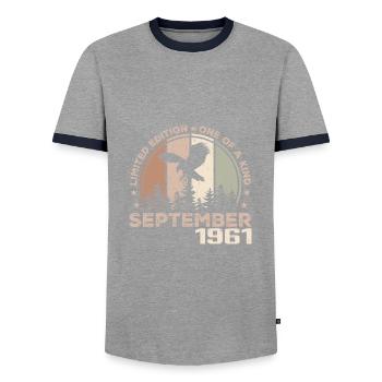 Incomparable depuis septembre 1961 63 Anniversaire - T-shirt contrasté Homme - gris/marine  - Devant - AI Model Female 172 light (172cm) & AI Model Male 178 light (178cm)