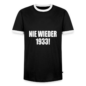 Never again 1933 - Men's Ringer Shirt - black/white - Front - AI Model Female 172 light (172cm) & AI Model Male 178 light (178cm)