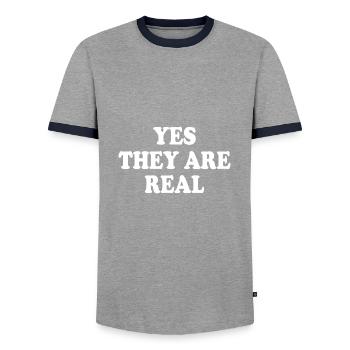 yes they are real - Männer Kontrast-T-Shirt - Grau/Navy  - Vorne - AI Model Female 172 light (172cm) & AI Model Male 178 light (178cm)