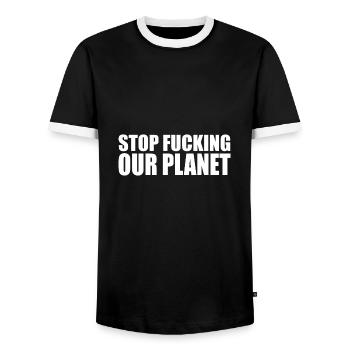 Stop fracking our planet - Men's Ringer Shirt - black/white - Front - AI Model Female 172 light (172cm) & AI Model Male 178 light (178cm)