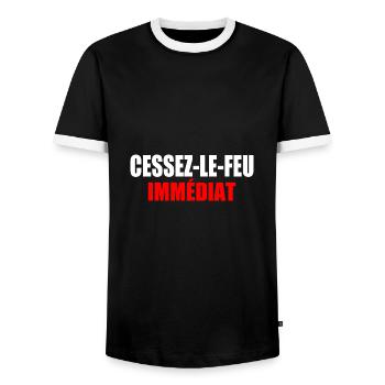 CEASEFIRE - Men's Ringer Shirt - black/white - Front - AI Model Female 172 light (172cm) & AI Model Male 178 light (178cm)