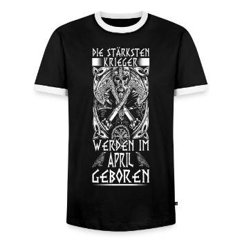 April - Viking - birthday - DE - Men's Ringer Shirt - black/white - Front - AI Model Female 172 light (172cm) & AI Model Male 178 light (178cm)