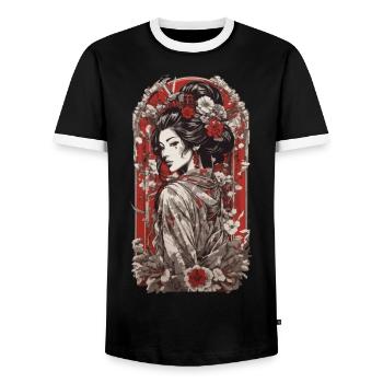 Modern Geisha Streetwear Retro Japan Art Style - Men's Ringer Shirt - black/white - Front - AI Model Female 172 light (172cm) & AI Model Male 178 light (178cm)