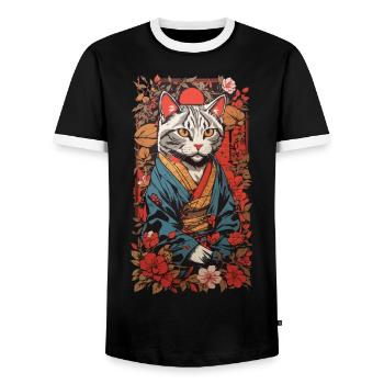Chat japonais esthétique en kimono Ukiyo-E - T-shirt contrasté Homme - noir/blanc - Devant - AI Model Female 172 light (172cm) & AI Model Male 178 light (178cm)