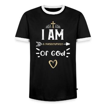 I Am A Masterpiece Of God - Jesus - Men's Ringer Shirt - black/white - Front - AI Model Female 172 light (172cm) & AI Model Male 178 light (178cm)